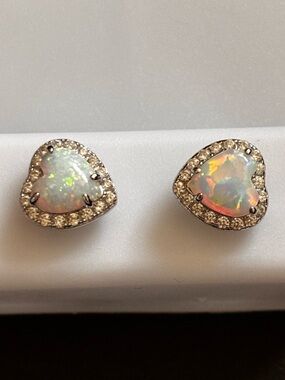 Heart-Shaped Opal Halo Stud Earrings - White Opal